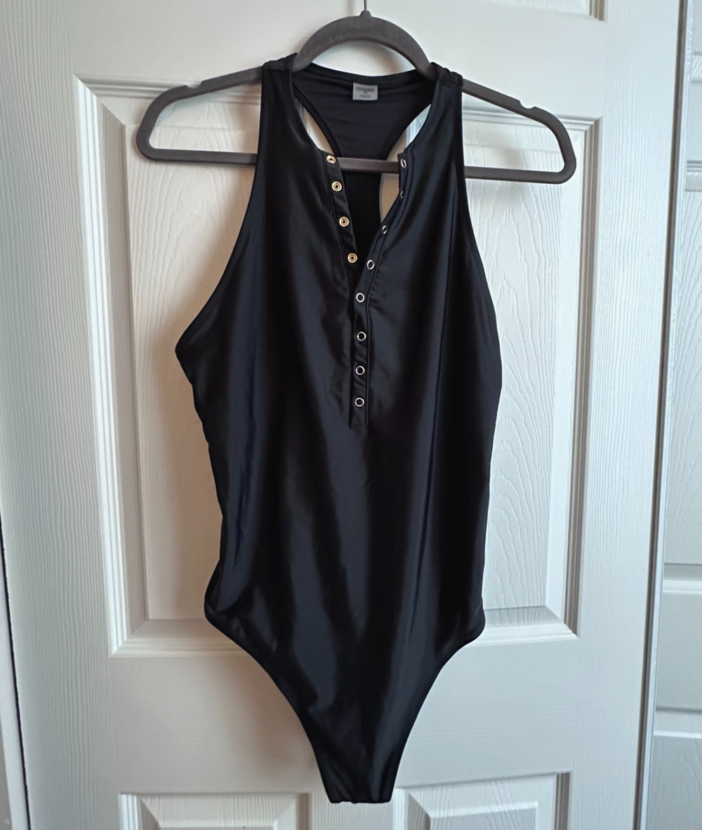 Old Navy Women's XL Black High Neck Racerback Snap Front One Piece Swimsuit NWT